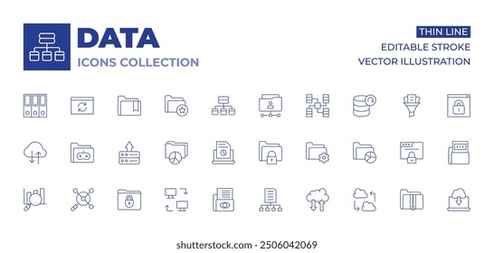 Datensymbolsammlung. Symbole für dünne Linien, editierbarer Strich. Spielordner, Upload, Server, Tortendiagramm, Suche, analytisch, Ordner, Synchronisation, Watchlist, gesperrt, Bericht, Diagramm.
