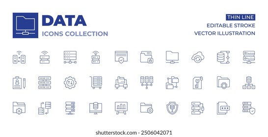 Datensymbolsammlung. Symbole für dünne Linien, editierbarer Strich. Speicherung, Server, Datenverwaltung, Austausch, Übertragung, persönliche Datei, Server, Lieferung, Balkendiagramm.