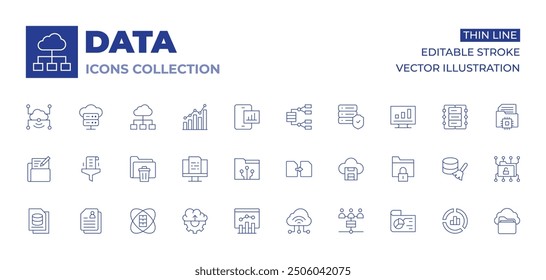 Data icons collection. Thin Line icons, editable stroke. analysis, data science, cloud uploading, iot, input, personal, recycle bin, analytics, transfer.