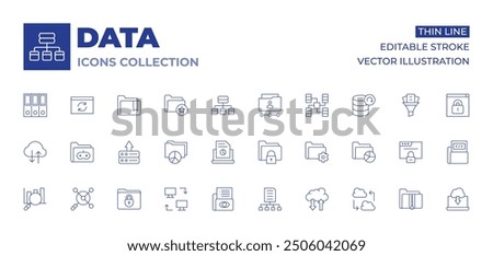 Data icons collection. Thin Line icons, editable stroke. game folder, upload, server, pie chart, search, analytical, folder, syncronization, watchlist, locked, report, diagram.