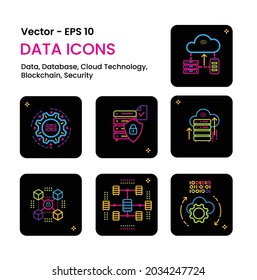 Data icons. Database, Cloud technologies, Blockchain, Security