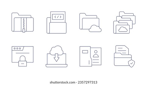 Iconos de datos. Trazo editable. Contiene zip, coding, cloud, carpetas, navegador, laptop, empleado, documento.