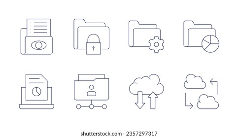 Data icons. Editable stroke. Containing watchlist, locked, settings, analytics, report, folder, cloud computing, sharing.