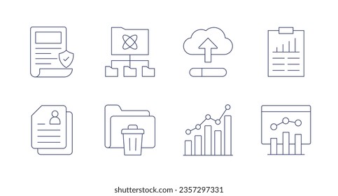 Datensymbole. Bearbeitbarer Strich. Enthält Richtlinien, Anwendungsfall, Hochladen, Analyse, personenbezogene Daten, Recycling-bin, Analytik.