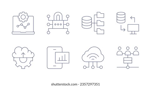 Data icons. Editable stroke. Containing laptop, cyber security, data collection, data exchange, cloud uploading, statistics, iot.