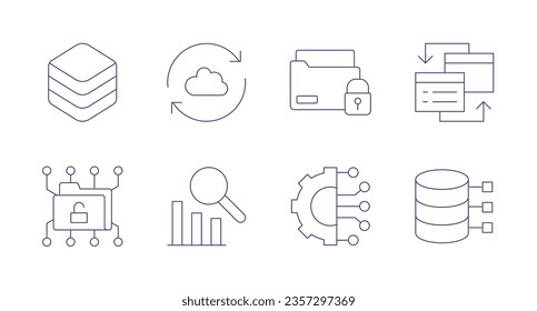 Data icons. Editable stroke. Containing database table, sync, data security, interchange, public, statistics, connection, data science.