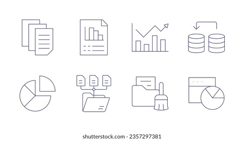 Iconos de datos. Trazo editable. Contiene datos, estadísticas, análisis, administración de datos, carpetas, limpieza de datos, gráfico circular.