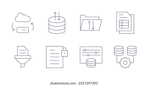 Iconos de datos. Trazo editable. Que contiene transferencia de datos, servidor de datos, carpeta, tabla de datos, filtrado, secreto de resumen, base de datos.