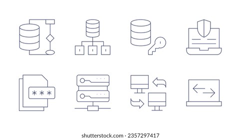 Data icons. Editable stroke. Containing data management, network, data encryption, protection, encrypted data, server, transfer.