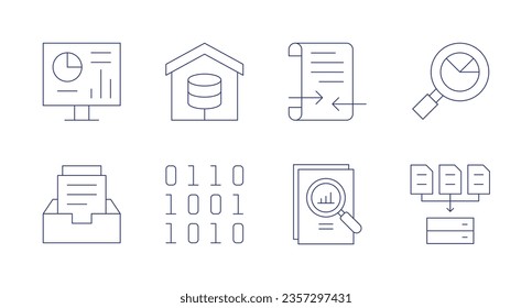 Data icons. Editable stroke. Containing dashboard, data warehouse, transaction, search, archive, binary, analysis, data collection.