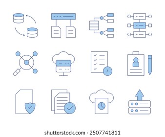 Data icons. Line Duotone style, editable stroke. personal file, protection, server, analytical, science, data flow, cloud data, checklist, cloud.