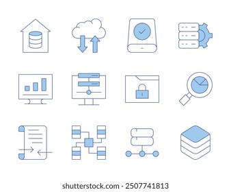 Iconos de datos. Estilo Duotone de línea, trazo editable. búsqueda, tabla de base de datos, transacción, gráfico, datos confidenciales, análisis de datos, grande.