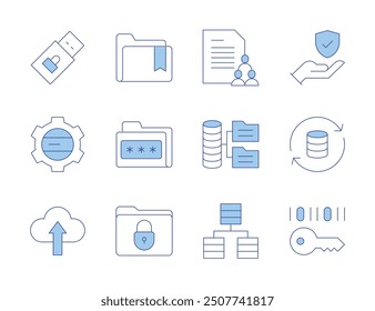 Iconos de datos. Estilo Duotone de la línea, golpe editable. carpeta, cifrada, cifrada, integración, colección, gestión.