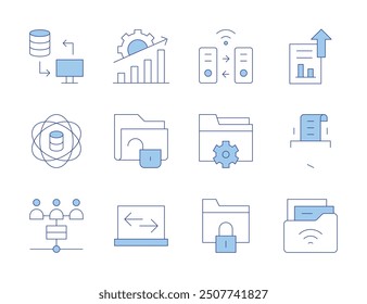 Data icons. Line Duotone style, editable stroke. data transfer, unlocked, science, exchange, data collection, data management, folder.