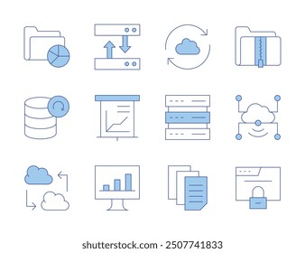 Datensymbole. Linienduotonstil, bearbeitbarer Strich. Datenserver, Sync, Transfer, Datenanalyse, Analyse, ZIP, Browser, Cloud, Analyse, Freigabe, Backup.