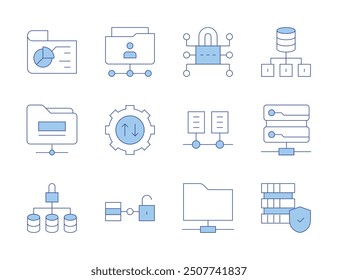 Iconos de datos. Línea estilo Duotone, carrera editable. red de datos, servidor de datos, protección de datos, abrir, transferencia, carpeta, seguridad cibernética, Enlace, acceso.