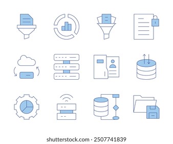 Data icons. Line Duotone style, editable stroke. data management, employee, filter, transfer, server, filtering, summary secret, graphic, save, storage, servers, donut chart.