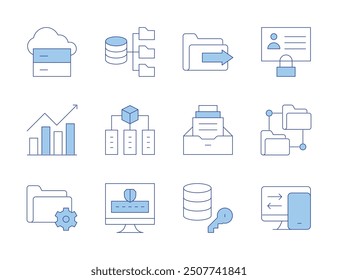 Data icons. Line Duotone style, editable stroke. encryption, folder, send, cloud, data transfer, personal data, bar chart, settings, data protection, mining, collection.