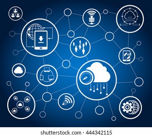 data icons and network diagram on blue background