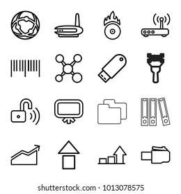 Data icons. set of 16 editable outline data icons such as board, barcode, arrow up, share, flash drive, cd fire, network connection, router, phone cable, opened security lock
