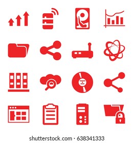 Data icons set. set of 16 data filled icons such as share, cd, clipboard, chart, graph, server, hard disc, binder, browser window, folder, network connection, search cloud