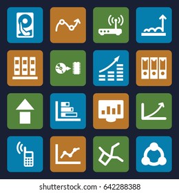 Data icons set. set of 16 data filled icons such as disc, router, connection, graph, phone, hard disc, binder, chart, money growth, arrow up, network connection