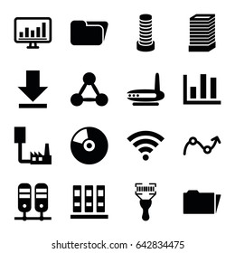 Data icons set. set of 16 data filled icons such as business center building, bar code scanner, download, chart, folder, wi-fi, graph, cd, binder, network connection, router