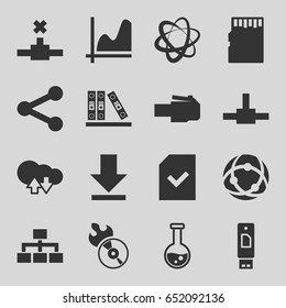 Data icons set. set of 16 data filled icons such as structure, disc flame, binder, download, file, memory card, test tube, cloud download upload, graph, network connection