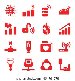 Data icons set. set of 16 data filled icons such as graph, bar code scanner, folder with heart, cd fire, opened security lock, connection, server, router, chart, money chart