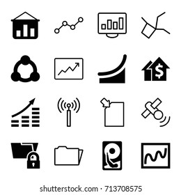 Data icons set. set of 16 data filled and outline icons such as connection, hard disc, chart, signal tower, folder, line graph, satellite, money growth, dolar growth
