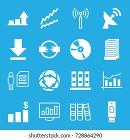 Data icons set. set of 16 data filled and outline icons such as business center building, cd, download, chart, graph, satellite, money chart, signal tower, binder