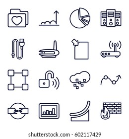 data icons set. Set of 16 data outline icons such as graph, folder with heart, pie chart, wire, opened security lock, router, defragmentation, chart, server