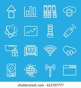 Data icons set. set of 16 data outline icons such as signal tower, business center building, line graph, wi-fi, usb signal, hard disc, test tube, cloud download upload