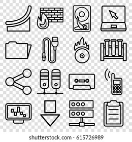 Data icons set. set of 16 data outline icons such as laptop, cassette, CD fire, clipboard, folder, wire, phone, hard disc, chart, test tube, graph on display, arrow down