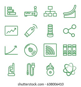 Data icons set. set of 16 data outline icons such as business center building, baby monitor phone, binder, structure, share, cd fire, line graph, wi-fi, wire, graph