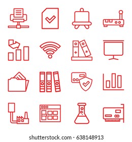 Data icons set. set of 16 data outline icons such as board, graph, binder, file, document in folder, wi-fi, browser window, card protection, test tube, chart, router