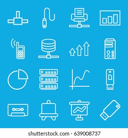 Data icons set. set of 16 data outline icons such as board, cassette, pie chart, wire, usb drive, graph, phone, graph on board, network connection, server