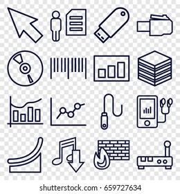 Data icons set. set of 16 data outline icons such as mp3 player, cd, flash drive, chart, wire, graph, pointer, barcode, archive, brick wall fire, router, phone cable