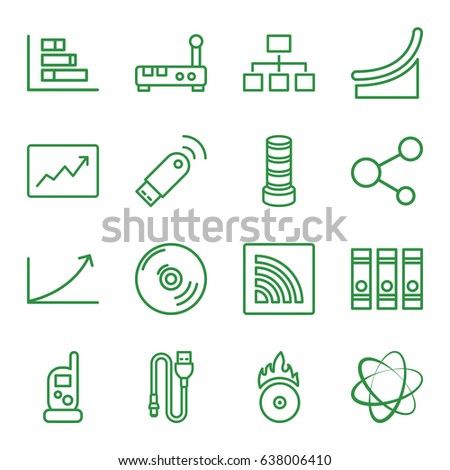 Data icons set. set of 16 data outline icons such as business center building, baby monitor phone, binder, structure, share, cd fire, line graph, wi-fi, wire, graph