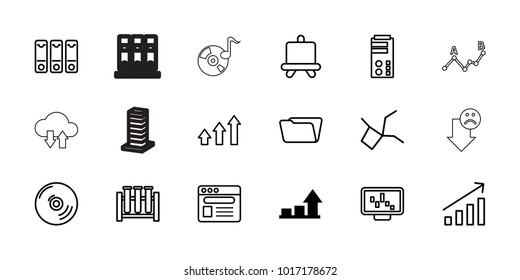 Data icons. set of 18 editable outline data icons: graph, board, folder, graph on display, test tube, browser, network connection, server, binder, cd, business center building