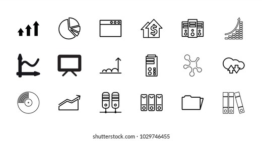 Data icons. set of 18 editable outline data icons: graph, dolar growth, binder, cloud download upload, server, browser window, pie chart, folder, chart, board, money growth