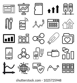 Data icons. set of 25 editable outline data icons such as graph, card protection, graph on display, binder, graph on board, cpu planet, folder with heart, share