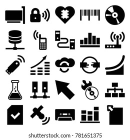Data icons. set of 25 editable filled data icons such as money growth, cpu in heart, test tube, structure, disc flame, cd, cassette, server, cloud sync, phone connection cable