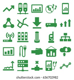 Data icons set. set of 25 data filled icons such as business center building, baby monitor phone, graph, structure, disc on fire, mp3 player, download, line graph, wire