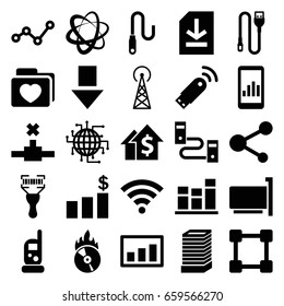 Data icons set. set of 25 data filled icons such as signal tower, business center building, baby monitor phone, bar code scanner, folder with heart, share, cd fire, chart
