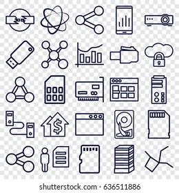 Data icons set. set of 25 data outline icons such as business center building, chart, memory card, usb drive, router, hard disc, browser window, share, graph on display