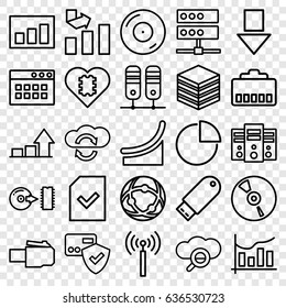 Data icons set. set of 25 data outline icons such as signal tower, graph, disc on fire, cd, flash drive, disc, file, chart, pie chart, card protection, cpu in heart
