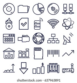 Data icons set. set of 25 data outline icons such as structure, disc on fire, cd fire, chart, pie chart, folder, file, memory card, wi-fi, graph, satellite, server, cd