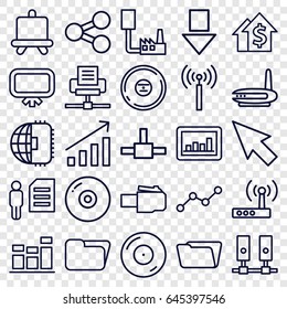 Data icons set. set of 25 data outline icons such as signal tower, board, folder, graph, disc on fire, cd, chart, line graph, router, pointer, cpu planet, dollar growth