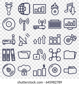 Data icons set. set of 25 data outline icons such as signal tower, business center building, folder, bar code scanner, disc on fire, cd fire, chart, opened security lock